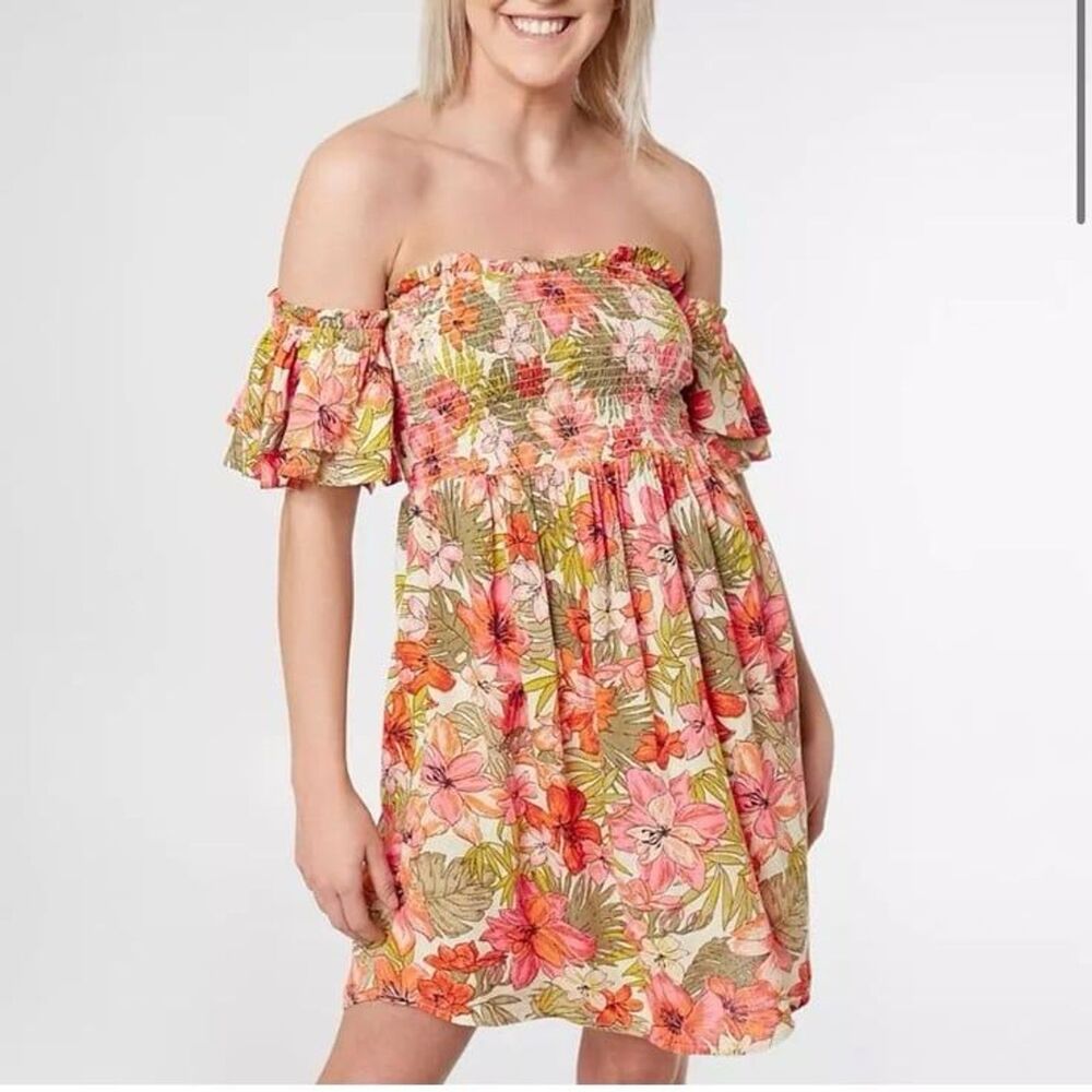 Billabong Women's Dancing Floral Off The Shoulder Sun Dress Ruffle Sleeves Small